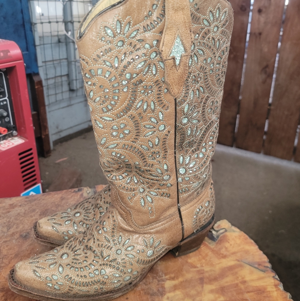 Corral Beige and Teal Leather Boots